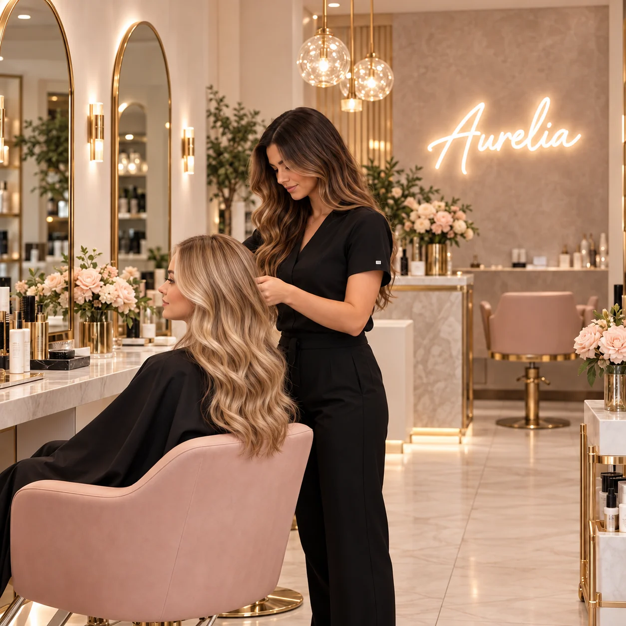 Brunette stylist arranging a blonde client’s hair in a blush and champagne salon beneath an illuminated Aurelia sign